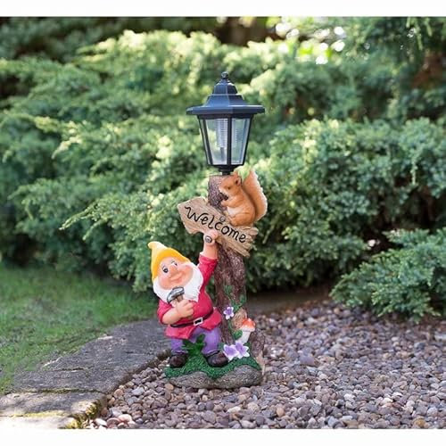 Solar Powered Garden Gnome Light Welcome Lamp Post with Automatic Solar Light No Wiring LED Garden Sculpture Light 6-8Hr Light Output