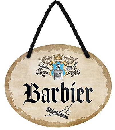 Barbier Blechschild - Vintage Retro Deko Metallschild mit Kordel und Saugnapf - Barbershop Dekoration - Barber Salon Friseur Zubehör - 18 cm x 12 cm