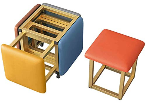 Cube Hocker 5 in 1 Nesting-Kombinationsstuhl, Home Dining Sofa Aufbewahrungshocker mit drehbaren Rädern, Goldrahmen und PU-Ledersitz (Größe: 35 x 35 x 38 cm)