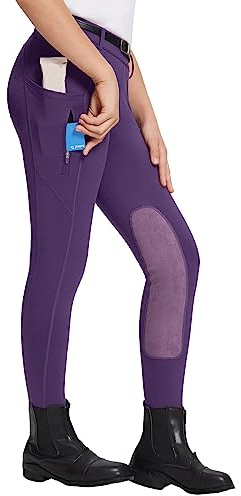 baleaf Girls Riding Pants Kids Equestrian Breeches Knee-Patch Zip Pocket Horseback Tights Purple XS