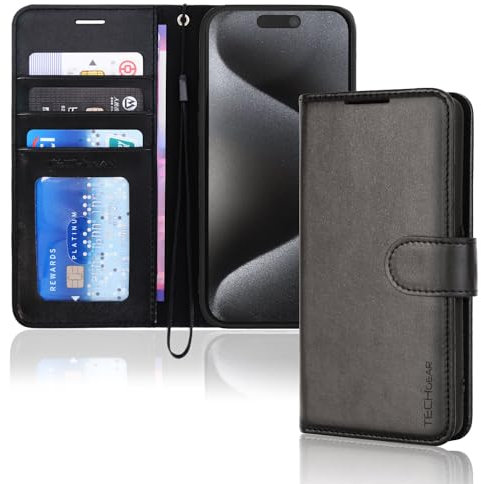 TECHGEAR iPhone 15 Pro Leather Wallet Case, Flip Protective Case Cover with Wallet Card Holder, Stand and Wrist Strap - Black PU Leather with Magnetic Closure Designed for iPhone 15 Pro 6.1