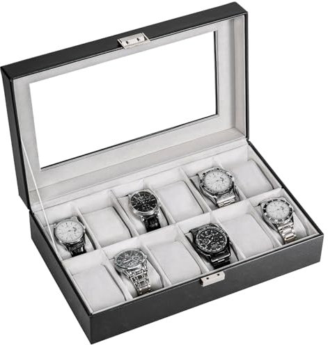 ProCase Uhrenbox, Uhrenkasten mit Glasdeckel, Uhrenkoffer mit Uhrenkissen, Uhrenaufbewahrung, Uhrenschatulle PU-Leder Uhrenkasten, Watch Box - 12 Fächer, Schwarz