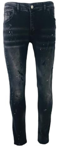 Georgio Peviani Jeans casuales de mezclilla rasgados desgastados con salpicaduras de pintura para hombre, Negro, 32W/32L