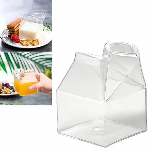 Topyond Milk Carton Water Bottle, Glass Milk Bottles 250ml, Cute Reusable Drink Container for Hot/Cold Beverages, Kitchen Office Home Use