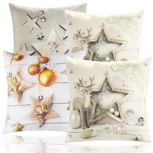 com-four® 4X Zierkissenbezug 45x45cm - Set Kissenhüllen mit Weihnachtsmotiv - dekorativer Bezug für Dekokissen, Sofakissen und Wurfkissen - Oxford-Gewebe (4X - Hirsch+Sterne+Kugeln)