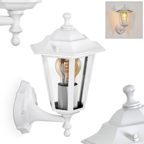 Außenwandleuchte Loria, Wandlampe aufwärts in antikem Look aus Metall/Glas in Weiß/Klar, Wandleuchte im Landhaus-Stil, Außenleuchte für Terrasse, E27, ohne Leuchtmittel, IP44