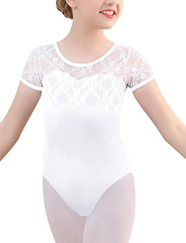 Happy Cherry Ballett Trikot Mädchen Ballettanzug Kinder Kurzarm Tanzbody Baumwolle Ballettkleidung Teenager Ballettbody Turnanzug Gymnastikanzug Weiß 3-4 Jahre