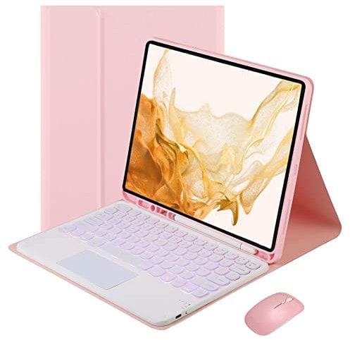 VLEAQC Keyboard Case for Samsung Galaxy Tab S8 Plus 2022/S7 FE 2021/S7 Plus 2020 12.4 Inch with Mouse, 7 Color Backlight Bluetooth Touch Keyboard, Slim Protective Cover with Pen Holder,Pink