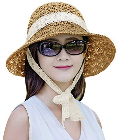 FakeFace Chapeau Soleil Pliable Femme Chapeau de Plage Panama d'été Casquette de Paille à Large Bord Casquette Anti-Soleil pour l’Ombre en Bord de Mer à Lanière