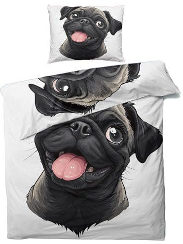 MOBEITI Mops Bettwäsche 155x220, Hunde Wendebettwäsche, Weiche Kuschelige Mikrofaser Bettbezug Set 2teilig, 1 Kissenbezug 80x80, mit Reißverschluss -MO&134