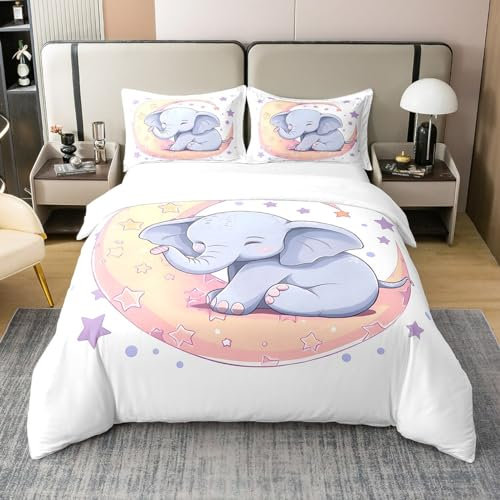 Loussiesd Niedlich Elefant 100% Baumwolle Cartoon Tiere Bettwäsche Set 155x220cm für Jungen Mädchen Stern Mond Muster Bettbezug Set Raumdekoration Betten Set 2Stück