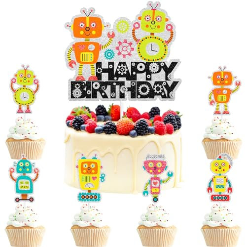 7-Piece Robot Themed Happy Birthday Cake Topper Set for Kids - Selected for Gear Robot Party, Baby Shower Party, and vintage Robot Themed Party Decorations for Boys and Girls - LIANGSS