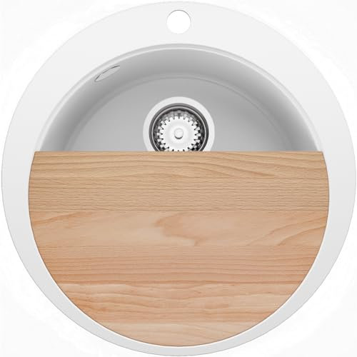 PRIMAGRAN Fregadero Cocina Circular Blanco 53x53cm, Granito 1 Seno + Sifón + Tabla de cortar, Sobre encimera al mueble 50cm - Pisa Max
