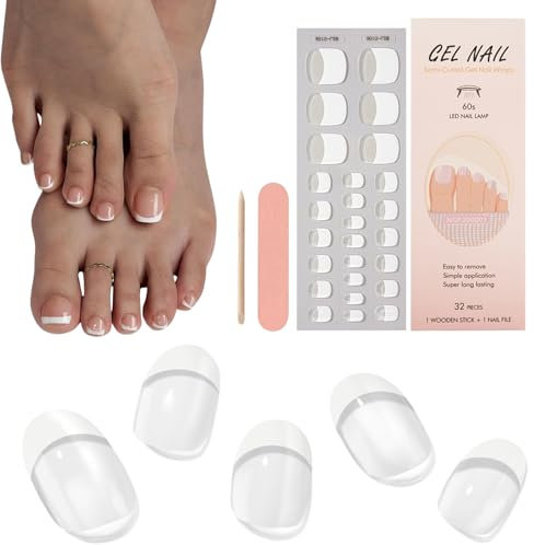 DMQ Semi Cured Gel Toenail Strips - 26Pcs Soft Gel Toenail Stickers - French Toenail Wraps Self Adhesive - Long-Lasting Gel Nail Wraps UV Lamp Required - Easy Apply & Remove DIY Nail