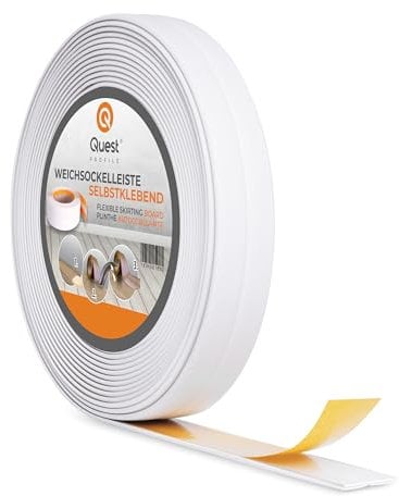 Quest Plinthe Souple Adhésive - 10 mm x 10 mm - 5 mètres - Moulure de finition pour cuisine salle de bain - Ruban d'étanchéité PVC - Flexible Etanche (Blanc, 5 mètres)