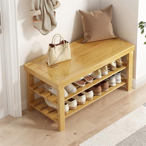 Warmiehomy Shoe Rack 3-Tier Bamboo Shoe Bench, Hallway Shoe Racks Storage Entryway Shoe Storage Bench, Shoe Organiser with Seat for Entrance, Bedroom, Living Room, 58 x 27 x 45cm, Natural Color