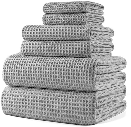 POLYTE Juego de 6 toallas de baño de microfibra de secado rápido, 60 x 30 pulgadas (gris claro, tejido de gofre)