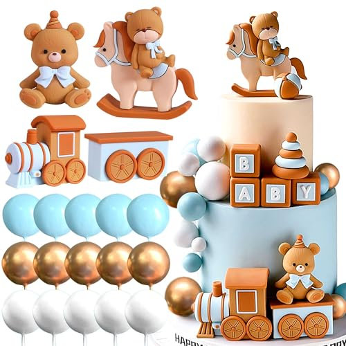 Luxury Blue Bear Cake Decorations Baby Bear Baby Shower Cake Topper Bears Train Cake Decoration Baby Shower Birthday Cake Decoration