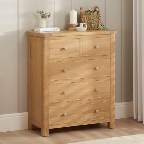 The Furniture Market Marbury Oak | Two Over Three Drawer Chest | Solid Wood Mid-Sized Storage Unit | Whitewashed Oak Top | Fully Assembled | H 1000mm x W 850mm x D 400mm