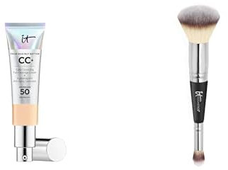 IT Cosmetics, Lot de 2 produits, Crème CC+ Anti-Âge Your Skin But Better, Haute Couvrance, Waterproof, Fini Naturel, 32 ml, Teinte Light Medium + Heavenly Luxe #7, Pinceau Double Embout