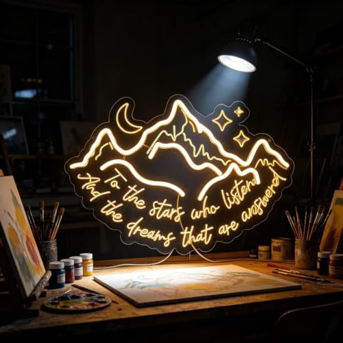 Neonschild mit Aufschrift To The Stars Who Listen and The Dreams, Buchliebhaber, Neonlicht, Geschenk für Dornen und Rosen, SJM-Zitate, Neongeschenk, Acotar-Neonschild, Hello Feyre Darling