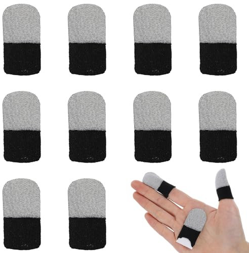 AOZUO 10pcs Finger Sleeve for Gaming, Silver Fibers Gaming Finger Gloves Breathable Seamless Sweatproof Touchscreen Finger Cover Thin Thumb Protector Compatible with Touchscreen Devices (Black+Grey)