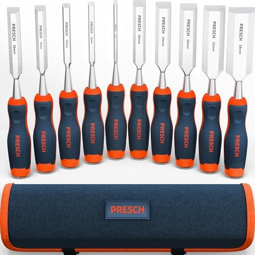 Presch Ciseaux à bois 10pcs. avec sacoche (6, 10, 12, 16, 18, 20, 24, 26, 32 & 38 mm) - Parfaitement aiguisé pour utilisation immédiate - Avec un angle de 25° et un capuchon métallique robuste