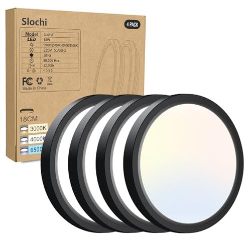 slochi 4Pack Bathroom Light, 3000K/4000K/6500K 3 Color Temperature, Waterproof IP44, Small, Round, Modern, 15W 1500LM Flush Ceiling Light for Bathroom, Kitchen, Bedroom, Hallway and More,Ø18CM(Black)