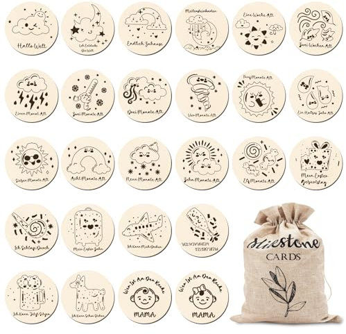 Meilensteinkarten Baby Holz, Meilensteine Baby 30 Meilensteine für Neugeborene und Schwangerschaft aus hochwertigem Holz, Perfekte Baby Erstausstattung mit Monatskarten 1-12 Monate
