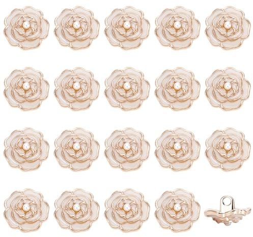 FINGERINSPIRE 20Stück 14mm Metall Rose Blume Knöpfe mit 2,5 mm Loch Zinklegierung weiße Rose florale Form Knöpfe dekorative Retro-Stil Perle Verzierung für DIY Kleidung Taschen Hüte Dekoration