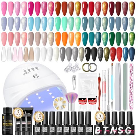 COSCELIA 47PCS Kit Vernis Semi Permanent, 20 Couleurs Vernis Gel UV Semi Permanent Nude Rouge Pailleté 3 PCS Poly Extension Gel avec Lampe UV Ongles Gel Outils pour les Ongles, Cadeau pour Femmes