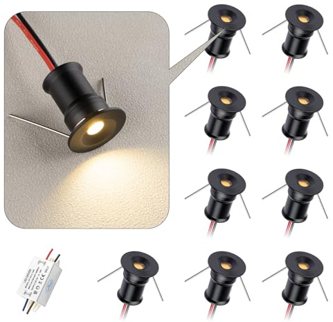 HHTUN 902 120°LED mini Spotlight,DC12V 1W,80Ra,75lm,Small Size,Embedded Installation,Suitable for Cabinet Lighting Such as Wine cabinets,Shoe cabinets,etc.,with Power Supply(6000K,Black,9Pack)