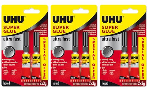 UHU Super Glue Adhesive - Strong & Fast Glue - Pack of 6 x 3g Tubes (3 Twin Packs)