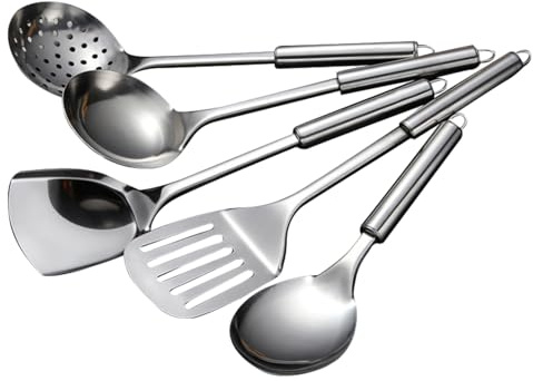 Cooking Utensils Set of 5 - Stainless Steel Kitchen Utensils Set,Stainless Steel Cookware Set Utensils Slotted Spoon,Slotted Spatula,Large Spoon, Soup,Spatula