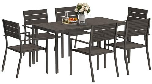 Outsunny Sitzgruppe 7-teilig Essgruppe für 6 Personen Esstisch mit 6 stapelbar Stühlen Esszimmergruppe mit geschlitzte Tisch Küchentisch-Set Balkonmöbel Gartenmöbel für Terrasse, Balkon Dunkelbraun