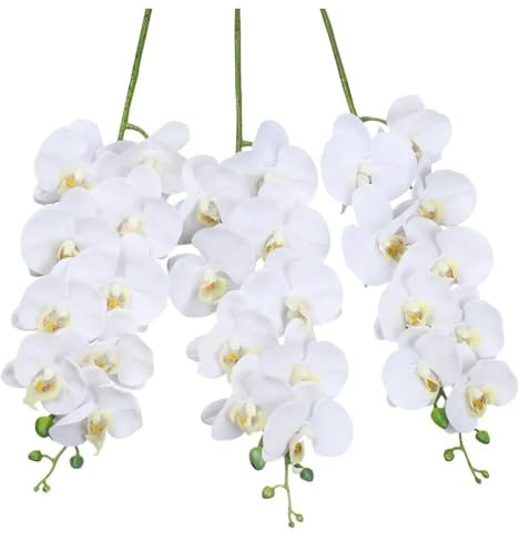 WENH Set di 3 steli di orchidee artificiali in PU, orchidea vera al tatto, grandi fiori di phalaenopsis finti, decorazione for la casa e for matrimoni.(WHITE)