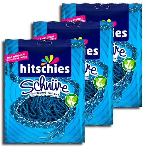 3 er Pack hitschies Schnüre blau 3 x 125g Fruchtgummi-Schnüre mit blauem Himbeergeschmack