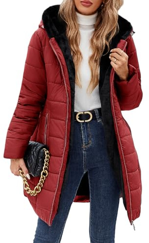 Yuson Girl Manteau Femme Longue Matelassé Polaire Doublé Manteau Hiver Veste Épais Chaud Parka Manteau Blouson Zippé à Capuche Hooded Coat Elégant Veste Imperméable Outercoat avec Poches(Rouge, S)