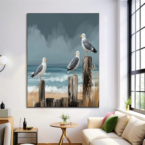 Moderne Bilder Wohnzimmer Poster 50x70cm Hochformat, Strand Landschaft Holzstapel Möwe Grau Blau Leinwand Bilder Deko, Wandbilder für Wohnzimmer Schlafzimmer Ohne Rahmen