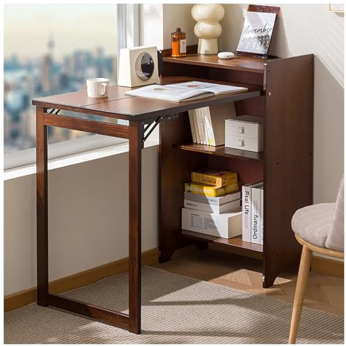 Klappbarer Schreibtisch aus Bambus mit Bücherregal, versteckter Schreibtisch mit Stauraum, Computertisch, Klapptisch for Schlafzimmer, Arbeitszimmer oder Balkon