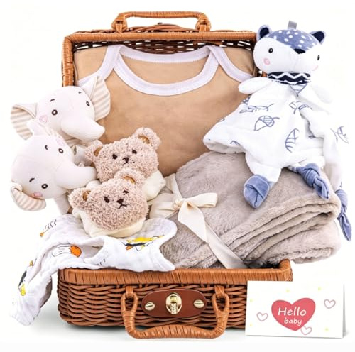 Neugeborenen Geschenk, Baby Geschenkset | mit Strampler, Schmusetuch, Lätzchen, Socken, Rassel, Grußkarten in Geschenkbox, Baby Geburt Geschenk