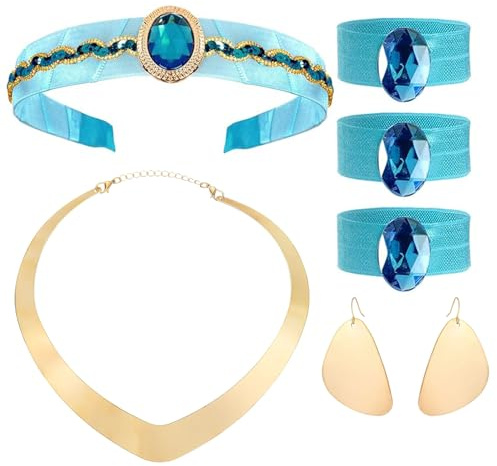 XINDY Arabische Prinzessin Kostüm Damen Mädchen, Prinzessin Haarreif, Gold Halskette, Ohrringe, Haargummis Set für Halloween Faschingskostüme Damen Karneval Kostüm