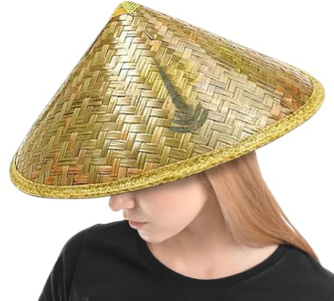 wiroouia Sombrero asiático, sombrero de arroz de 36 cm, sombreros de ratán chino con correa ajustable para la barbilla, sombreros vietnamitas de paja hechos a mano, sombreros vietnamitas de pesca para