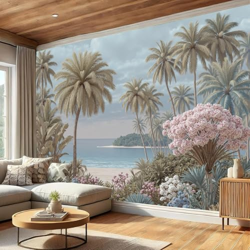 Fototapete Retro Jungle 300x210cm Seide Tapeten XXL Moderne Palmengarten Wandtapete Hochwertige Wandbild Wanddeko mit feiner Struktur für Schlafzimmer Wohnzimmer Flur, Salbeigrün
