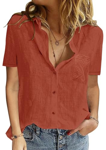 PASUDA Damblus sommar elegant bomull linne skjorta kortärmade toppar v-ringad button-down blusar casual skjorta blus basic revers skjortor tunika toppar