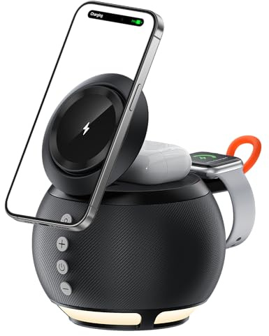 MIOLLYBO 5-in-1 Magnetic Wireless Charging Station with Bluetooth Speaker & Night Light, Charger Stand with 15W Adapter Compatible with iwatch & iPhone 17 16 15 14 13 & Wireless Earbuds