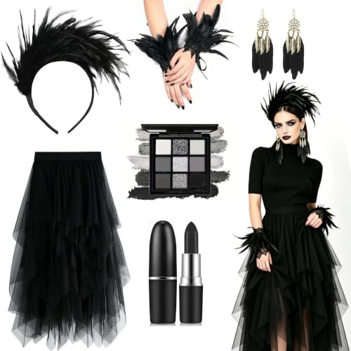 YDUNARISE Schwarzer Schwan Kostüm für Damen, mit Tüllrock, Feder-Manschetten, Ohrringen, Haarreif, dunklem Lidschatten & Lippenstift, Gothic Halloween Karneval Outfit