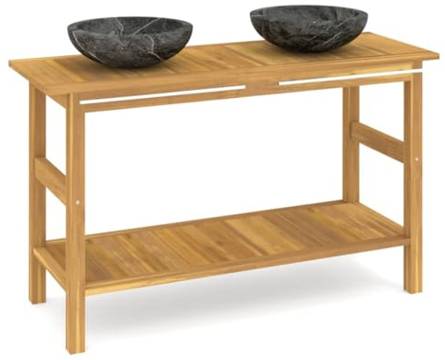 Tmriohed Doppelwaschtisch aus massivem Teakholz mit 2 schwarzen Marmorbecken, Badezimmerschrank 132 x 45 x 75 cm, Waschtischunterschrank mit Handtuchhalter und Seegraskörben für das Bad
