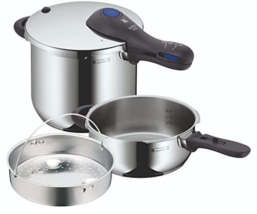 WMF Perfect Plus - Set con Olla Rápida 22 cm de diámetro de 6 litros y medio + cuerpo 3 litros con cestillo de vapor, Acero Inoxidable Pulido para inducción