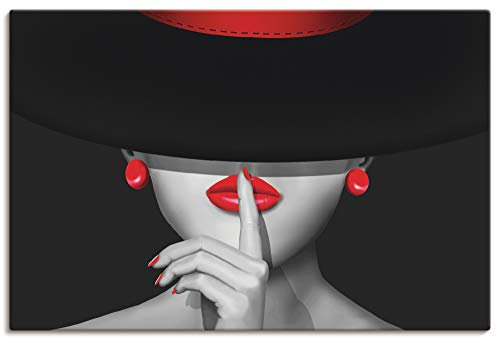 ARTLAND Wanddeko Leinwand Bilder Wandbild 90x60 cm Frau Lady Stil Lippenstift Beauty Mode Moderne Kunst Schwarz Weiß Rot T6FU